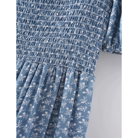 CLEARANCE Light Blue Floral Smocked Square Neck Mini Dress - Picture 8 of 10